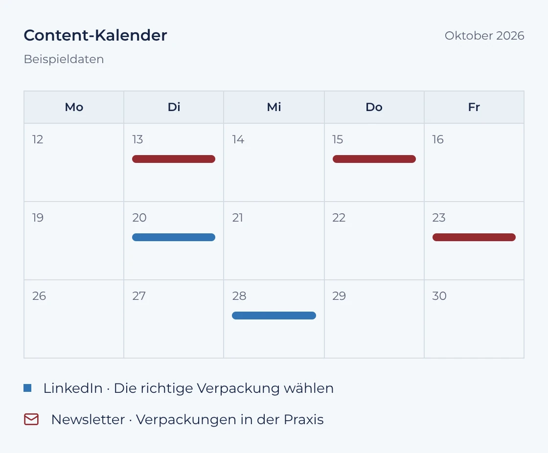 Beispielkalender mit veröffentlichten Beiträgen einer Marke im Oktober 2026