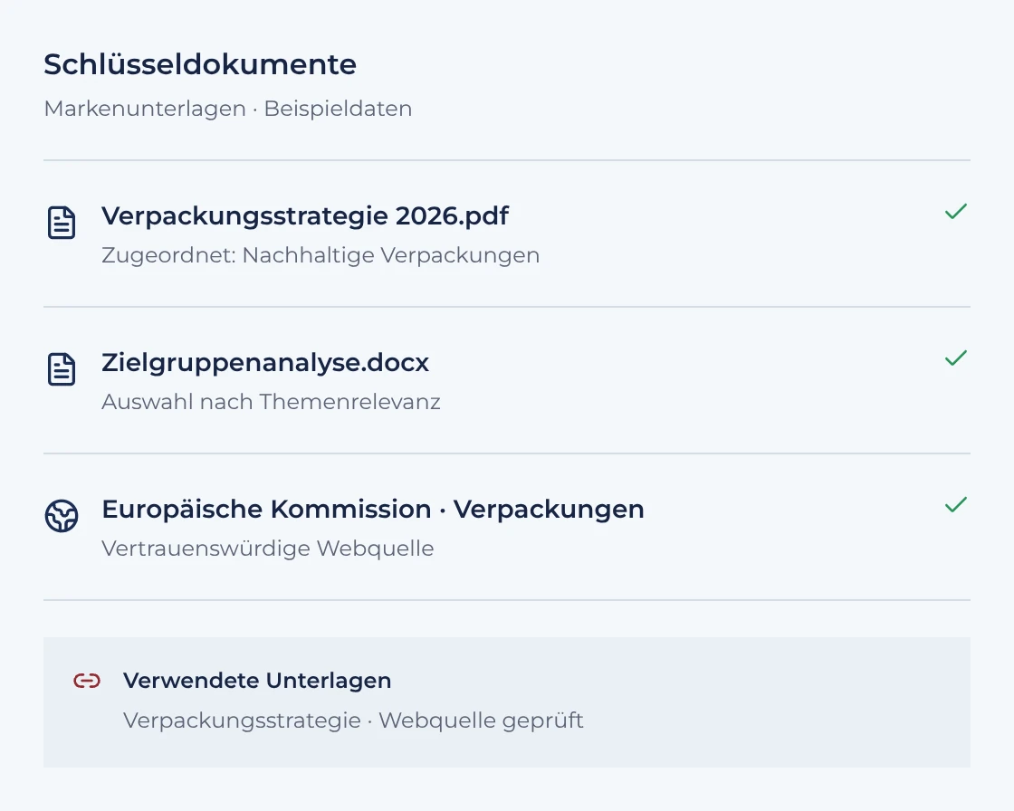 Beispiel für Schlüsseldokumente: Verpackungsstrategie, Zielgruppenanalyse und eine vertrauenswürdige Quelle der Europäischen Kommission