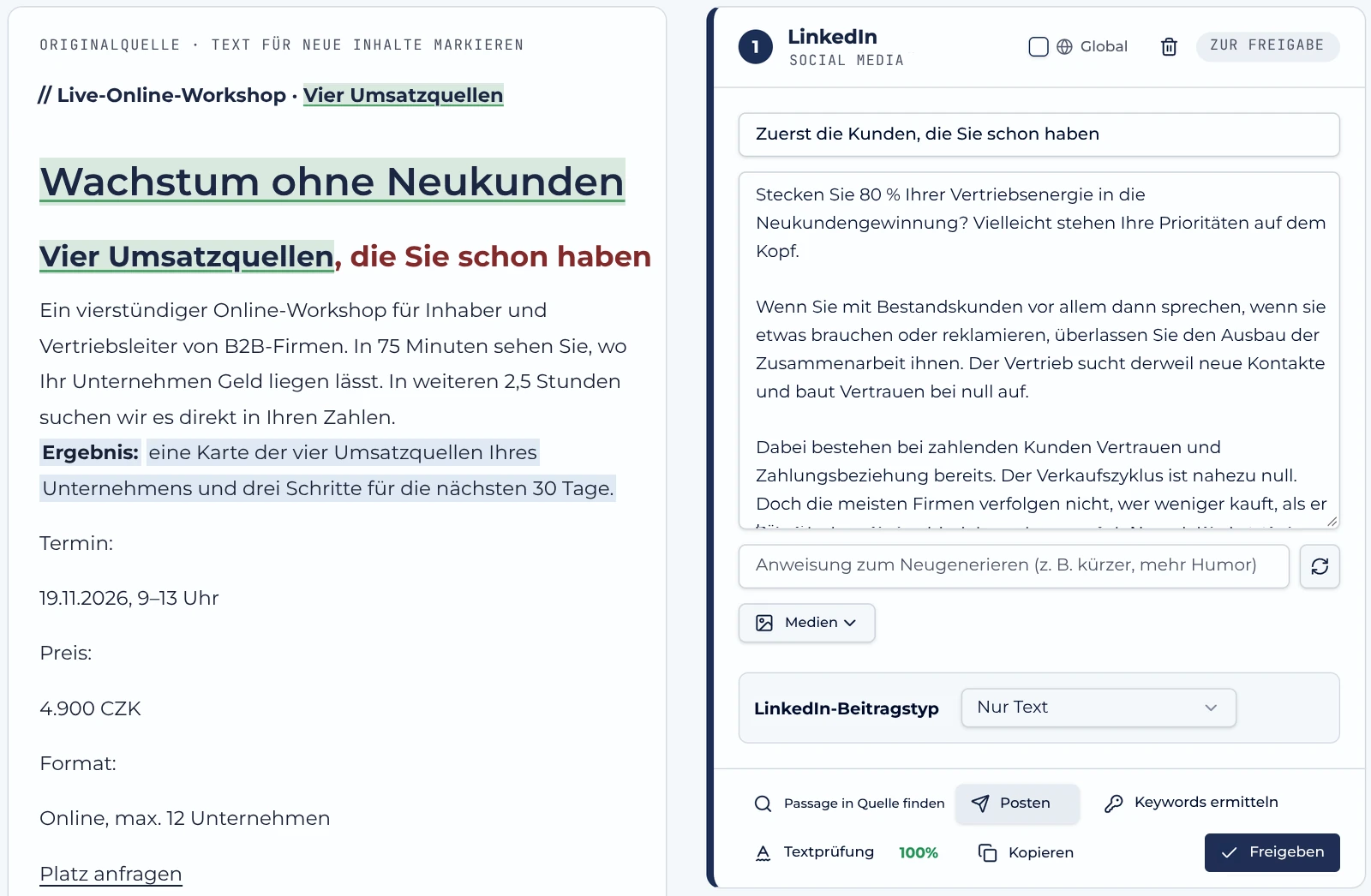AuthorityHub-Editor mit Quelle und fertigem Post