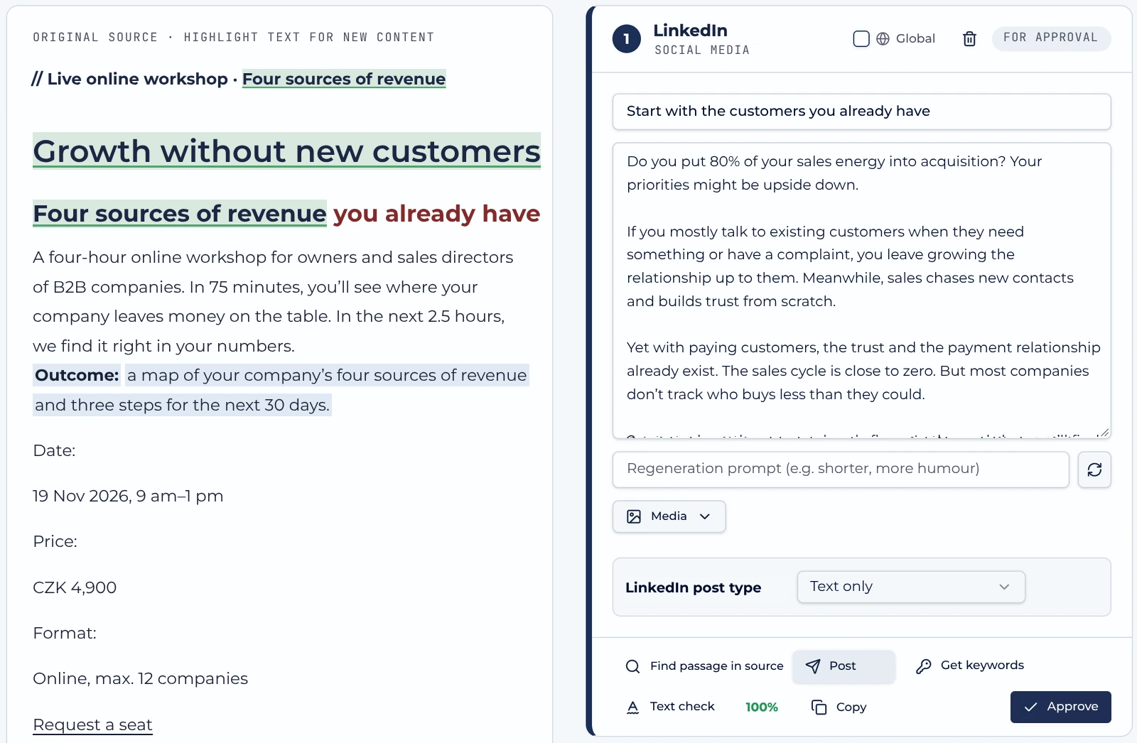 AuthorityHub editor with a source and a finished post