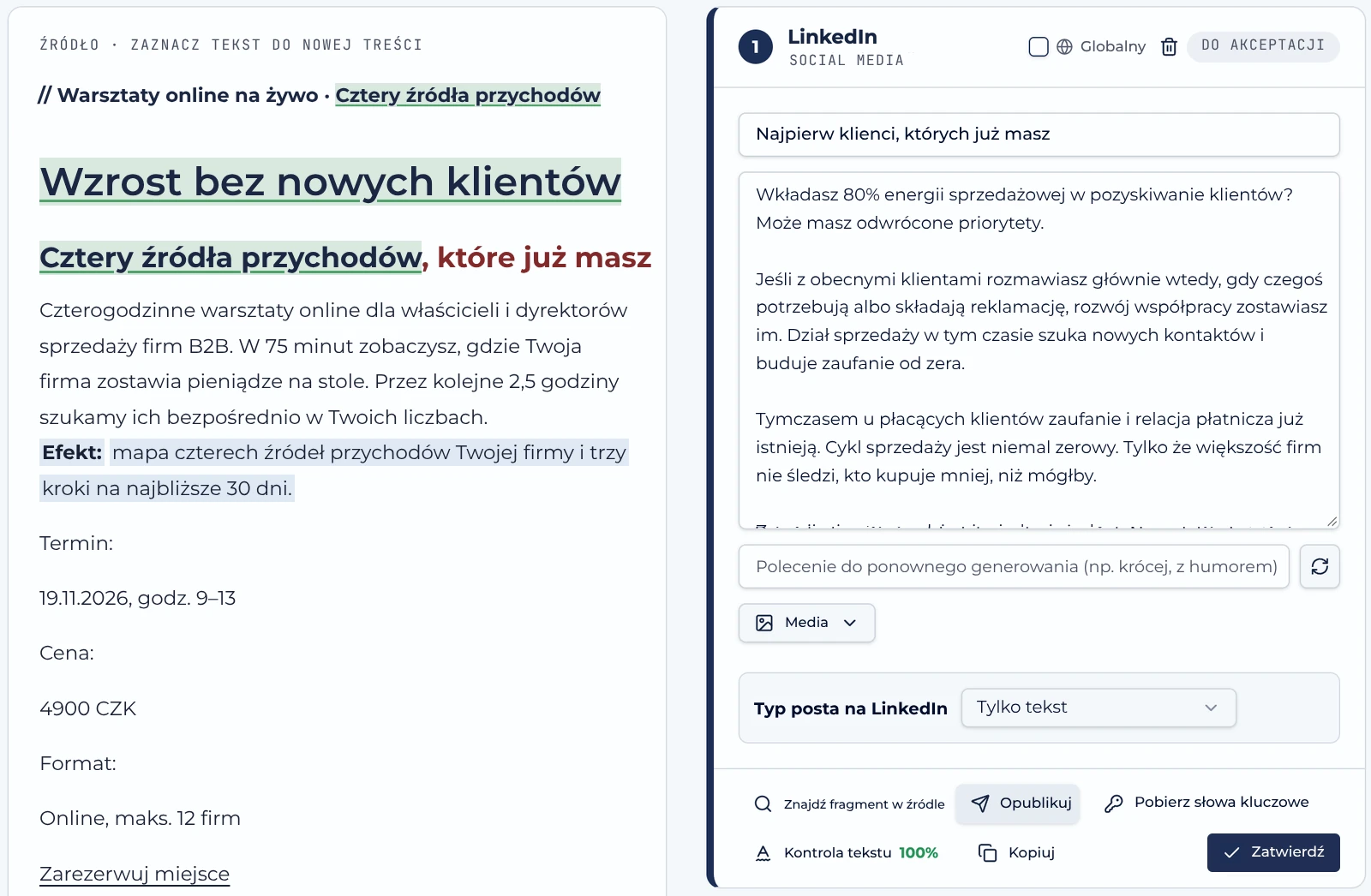 Edytor AuthorityHub ze źródłem i gotowym postem