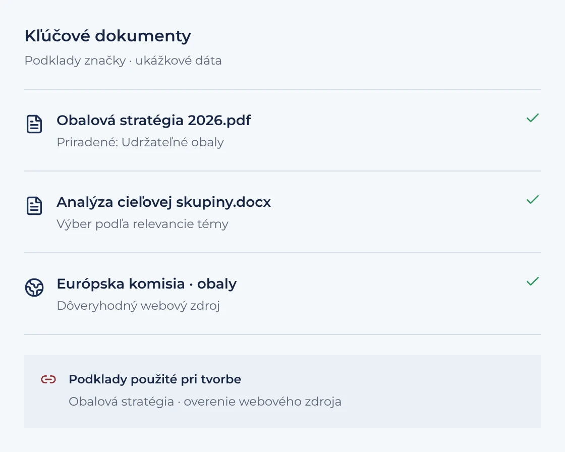 Ukážka kľúčových dokumentov: obalová stratégia, analýza publika a dôveryhodný zdroj Európskej komisie