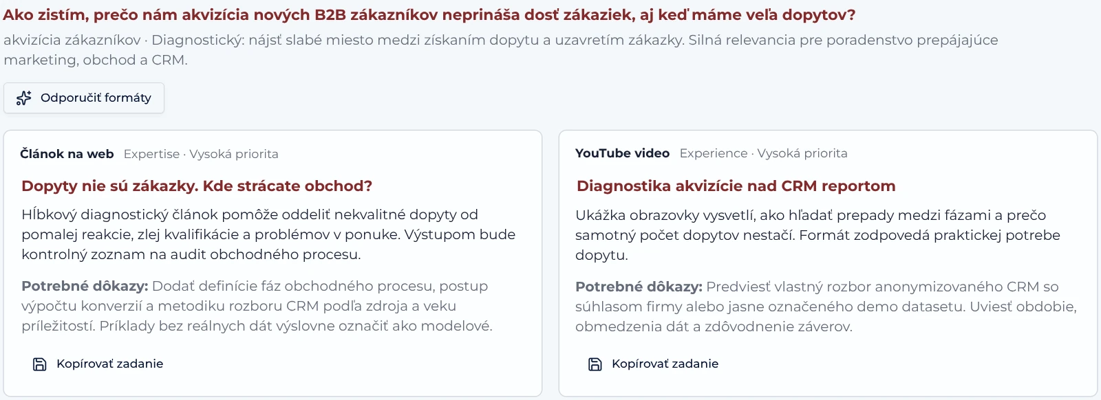 Odporúčania na tvorbu k dopytom v aplikácii AuthorityHub